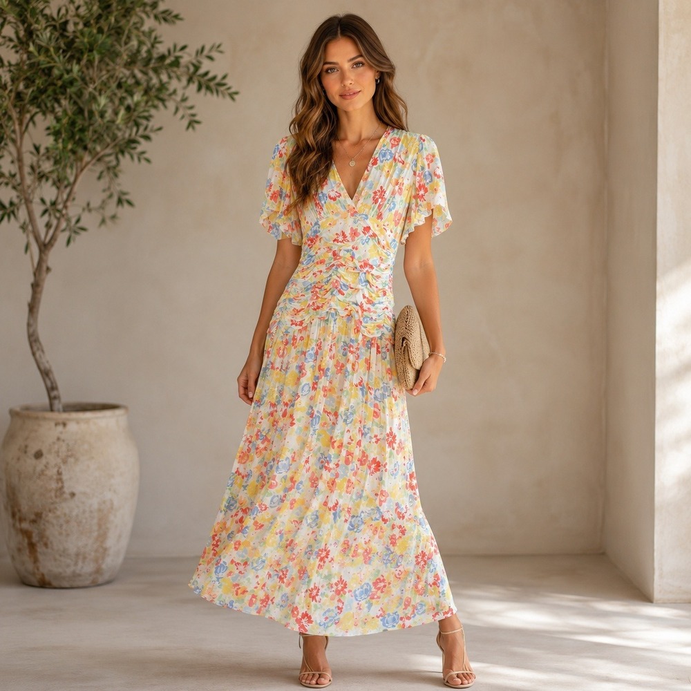 Jane Schaffhausen Belle France Vintage Yellow Floral Ruched Midi Dress Womens 6